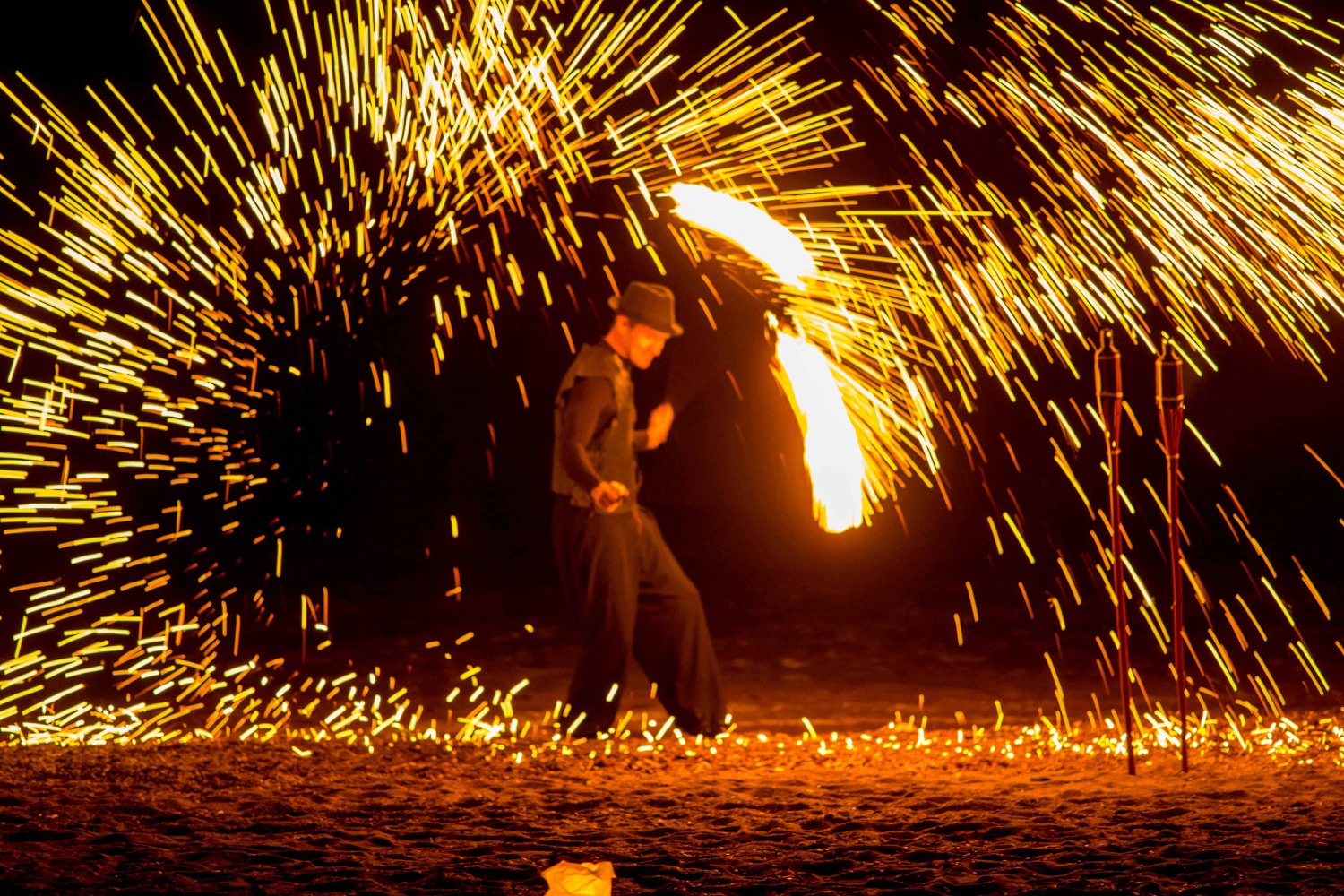 Fire performance with sparks during an evening event